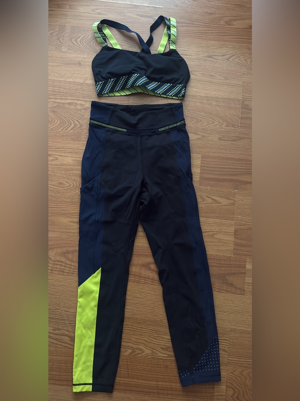 lululemon athletica Black Leggings and bra with Neon Green Accents
